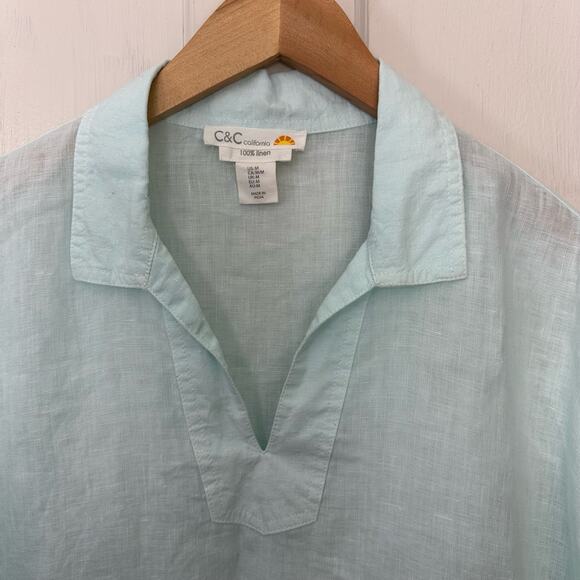 C & C California 100% Linen Tunic Top Light Green V Neck Pullover Women’s Size M - Picture 4 of 7